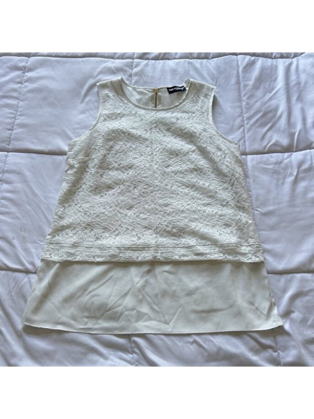 Karl Lagerfeld White Lace Sleeveless Tank‎ Top Womens Small Zipper High Neck